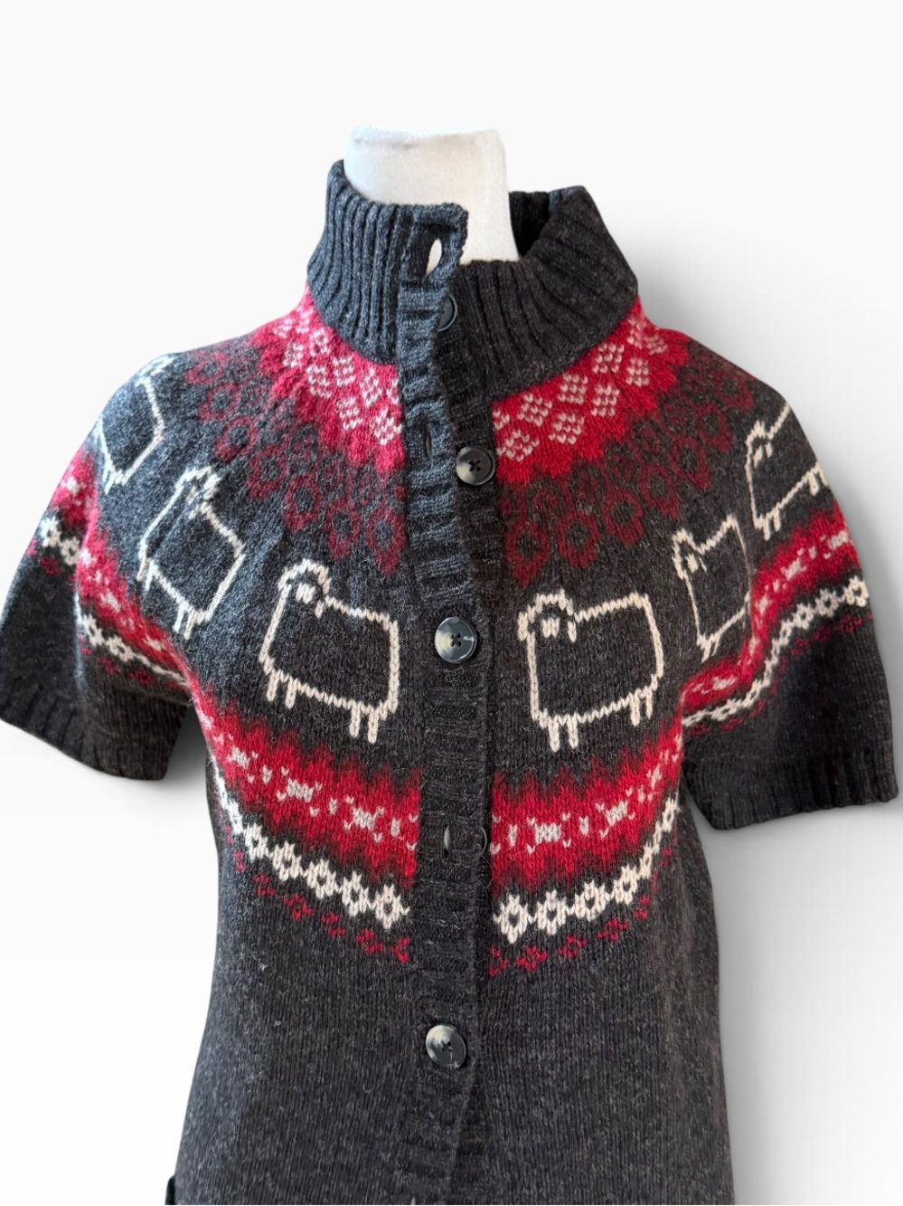 Vintage Woolrich Sheep Fair Isle Wool Short Sleeve Cardigan Sweater Pockets M